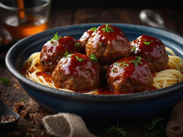 Photo a bowl of meatballs with ketchup and a glass of beer