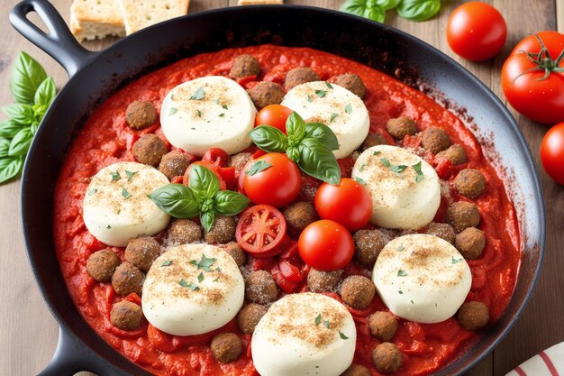 A bowl of meatballs with mozzarella and mozzarella balls.