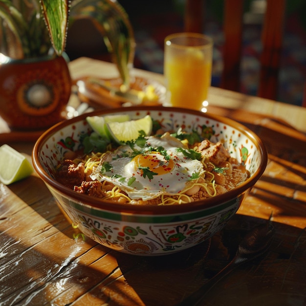 a bowl of Mexican food with eggs and meat