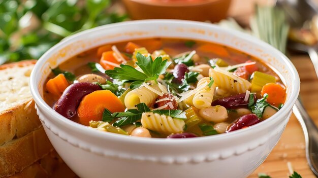 Photo a bowl of minestrone soup packed with seasonal vegetables beans and pasta served with a side of crusty bread