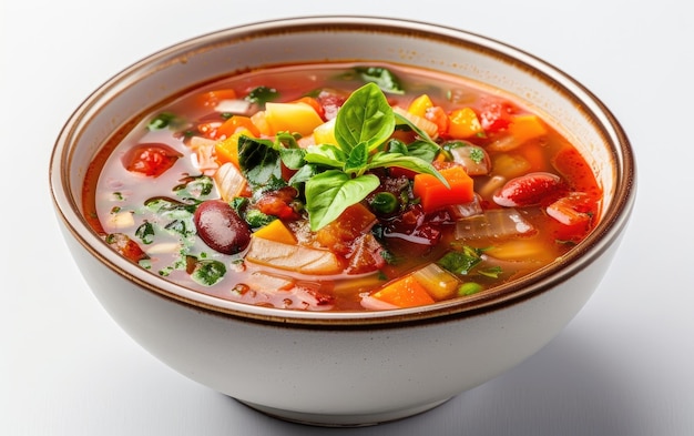 A bowl of Minestrone soup on the white isolated background professional food photo ai generated