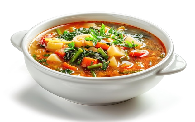 A bowl of Minestrone soup on the white isolated background professional food photo ai generated