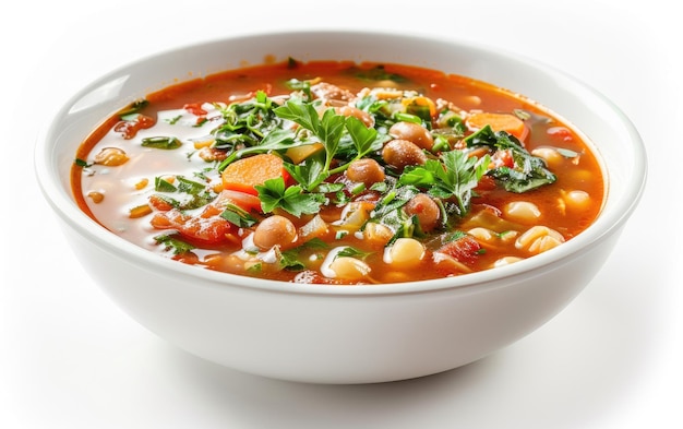 A bowl of Minestrone soup on the white isolated background professional food photo ai generated