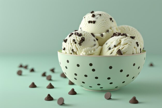 Photo a bowl of mint chocolate chip ice cream with chocolate chips scattered around