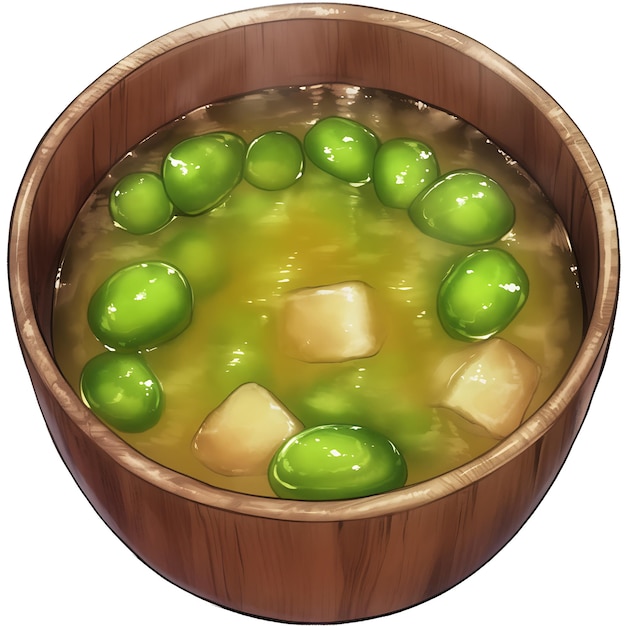 A Bowl of Miso Soup with Green Peas and Tofu