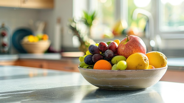 Photo bowl of mixed fruits on kitchen counter in brightly lit room