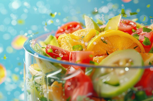 A bowl of mixed vegetables including tomatoes cucumbers and peppers