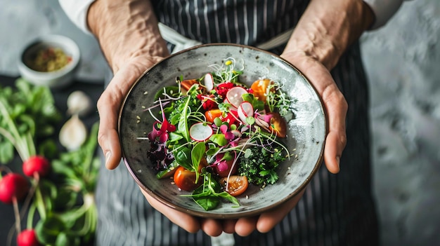 a bowl of mixed vegetables with a hand holding a bowl of salad