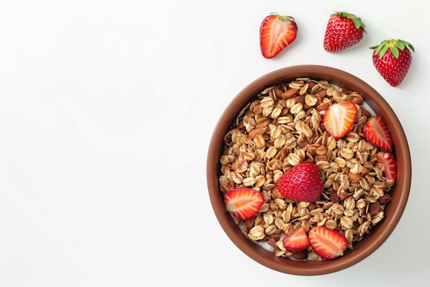 Bowl of Muesli with Yogurt and Strawberries Isolated on White Background