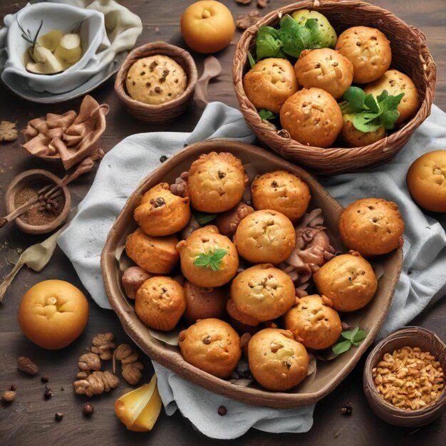 a bowl of muffins with mint leaves and herbs