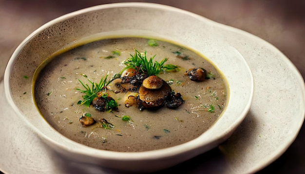 Bowl of mushroom soup and bread Generative Ai