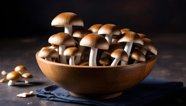 Photo a bowl of mushrooms with a wooden bowl that says mushrooms