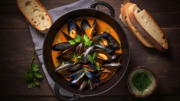 A bowl of mussels with bread on the side