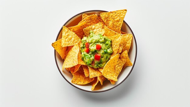 a bowl of nacho chips with guacamole and guacamole