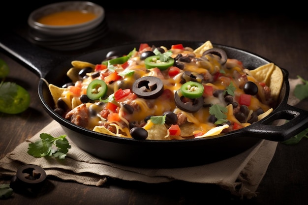 A bowl of nachos with black olives and cheese