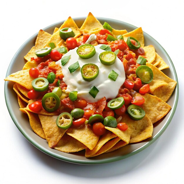 Photo a bowl of nachos with a white cream cheese and tomatoes