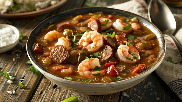 Photo bowl of new orleans gumbo with shrimp and andouille sausage