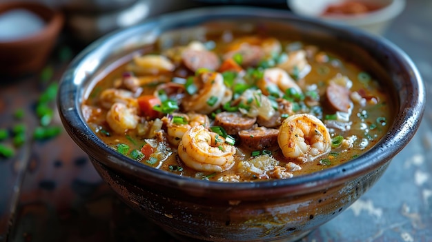 Photo bowl of new orleans gumbo with shrimp and andouille sausage