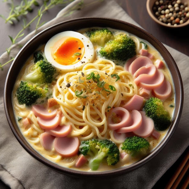 A bowl of noodle with cheese ham and broccoli