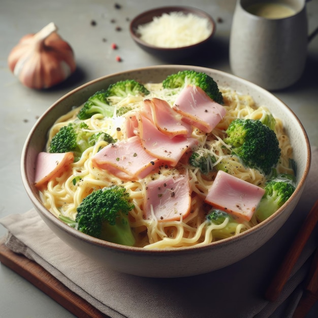 A bowl of noodle with cheese ham and broccoli