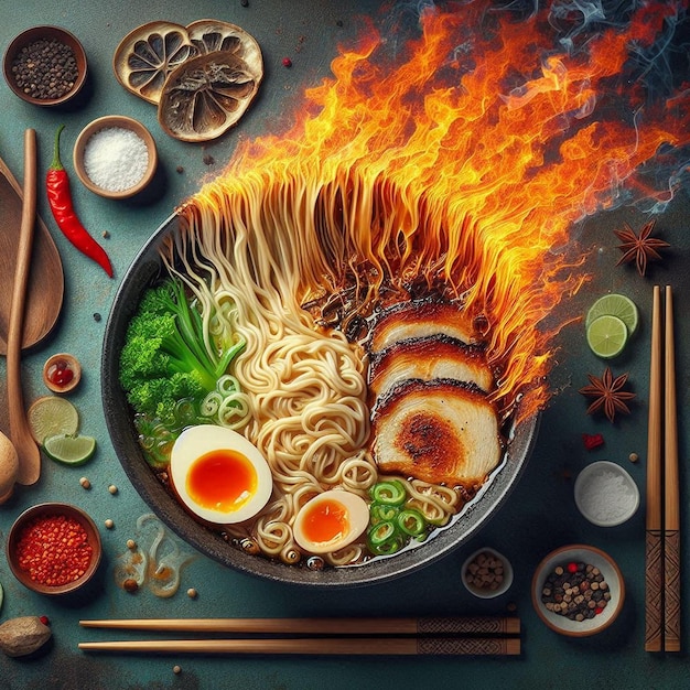 Photo a bowl of noodles and a bowl of noodles with a fire on it