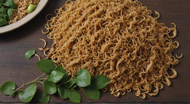 a bowl of noodles and a bowl of noodles with leaves on it