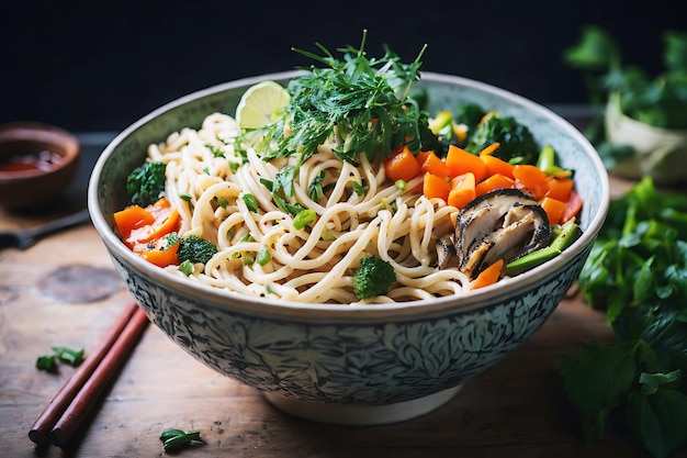 a bowl of noodles Served with vegetable