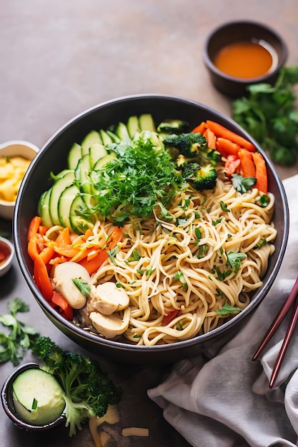 A bowl of noodles Served with vegetables and herbs