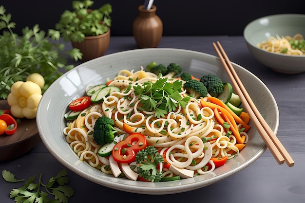 A bowl of noodles Served with vegetables and herbs