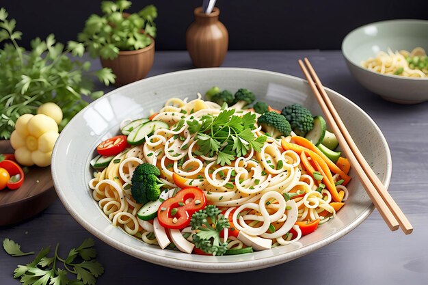 A bowl of noodles Served with vegetables