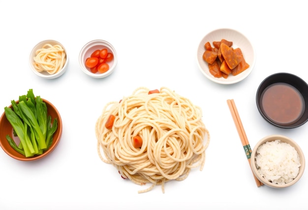 Photo bowl of noodles tomatoes rice sauce chopsticks and greens on a white background