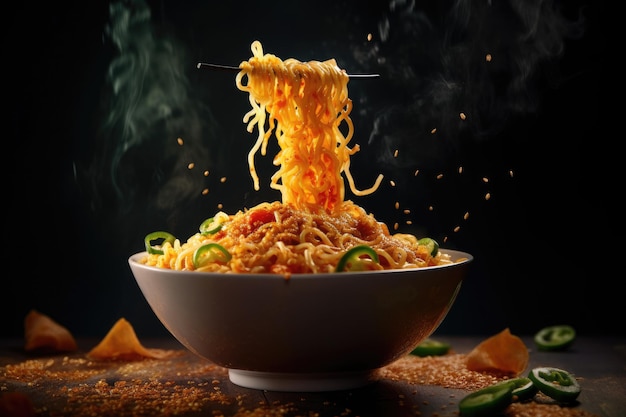 A bowl of noodles with a black background and a bowl of chili peppers on the top.