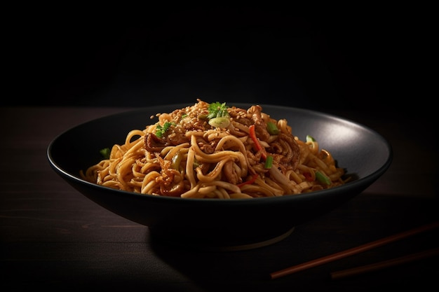 A bowl of noodles with a black background