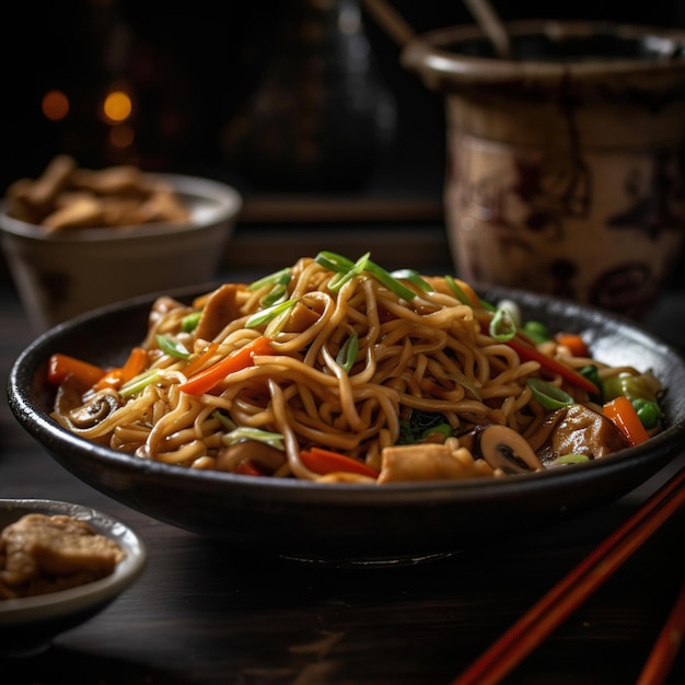 A bowl of noodles with a bowl of chicken and vegetables.