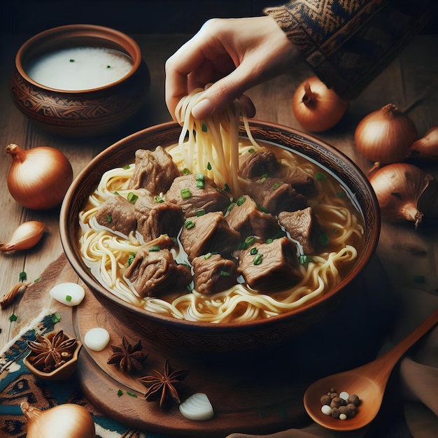 Photo a bowl of noodles with a bowl of noodles and a bowl of noodles