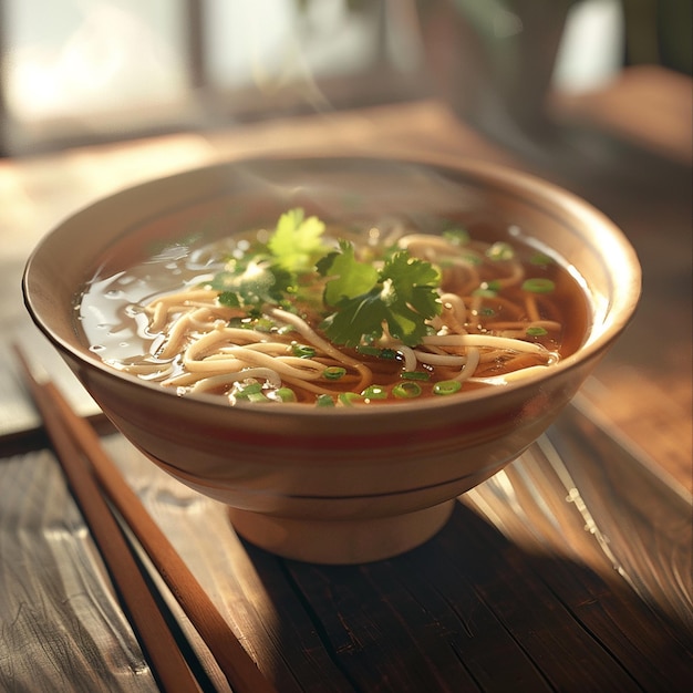 a bowl of noodles with a bowl of noodles and broccoli