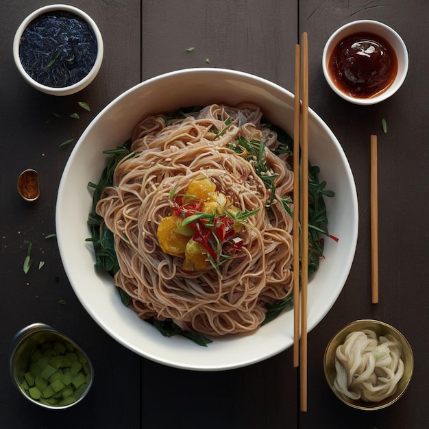 Photo a bowl of noodles with a bowl of noodles and vegetables