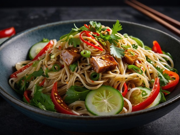 Photo a bowl of noodles with a bowl of noodles and vegetables