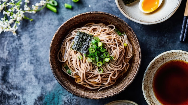 a bowl of noodles with a bowl of vegetables and an orange slice