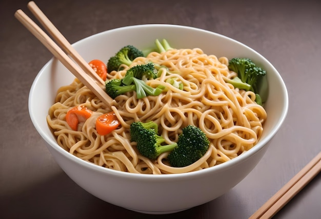 a bowl of noodles with broccoli and carrots in it