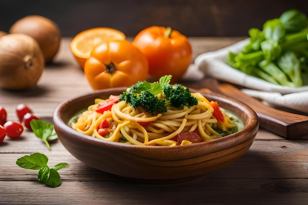 A bowl of noodles with broccoli and carrots on a wooden table.