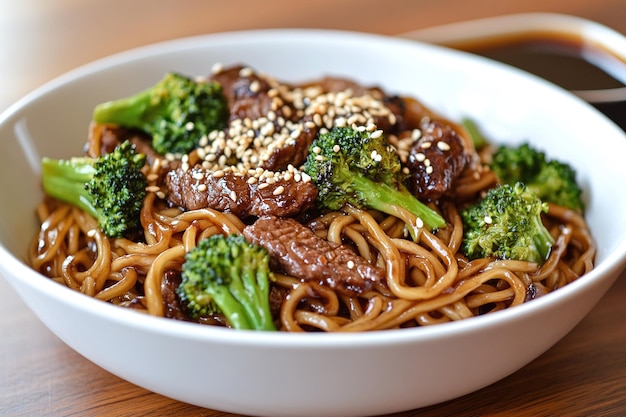 Photo a bowl of noodles with broccoli and meat with sesame seeds