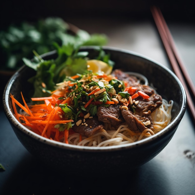 A bowl of noodles with carrots and carrots on top.