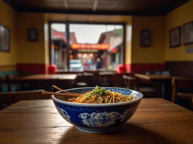 a bowl of noodles with a chinese sign on the top