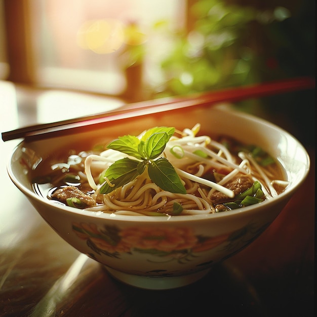 a bowl of noodles with a chopstick and a chopstick