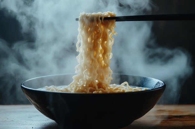 Photo a bowl of noodles with a chopstick in it that is on a table