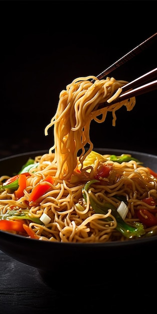 A bowl of noodles with chopsticks holding a fork and a bowl of vegetables.