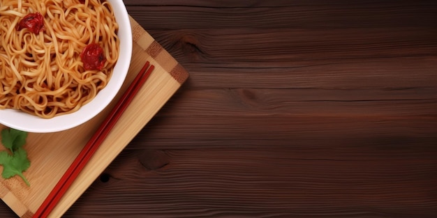 A bowl of noodles with chopsticks on a wooden table.