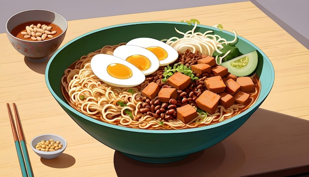 a bowl of noodles with an egg and noodles on it