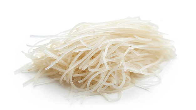 Photo a bowl of noodles with a fork and a white background